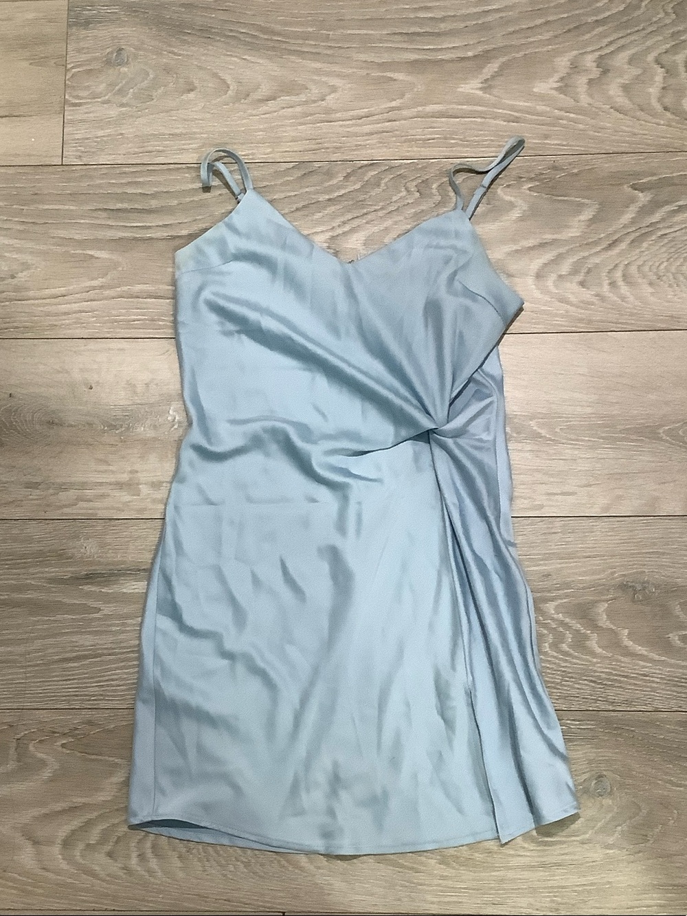 glam Light Blue Satin Slip Dress with Side Twist
